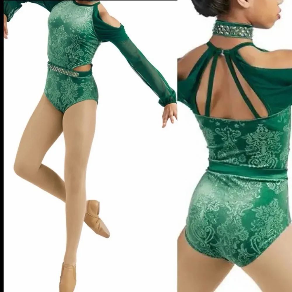 WEISSMAN Dance costume green poet sleeve velvet burnout Heathens 10861 MC child
